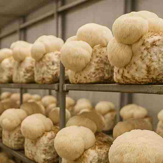 Lion’s Mane fruiting from substrate bags in an indoor farm