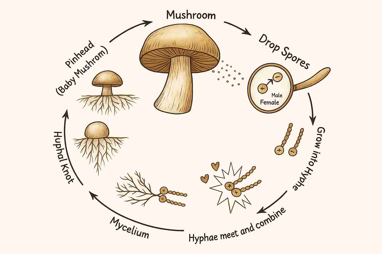 Life cycle of mushrooms showing spore release, mycelium growth, primordia and mature fruiting body